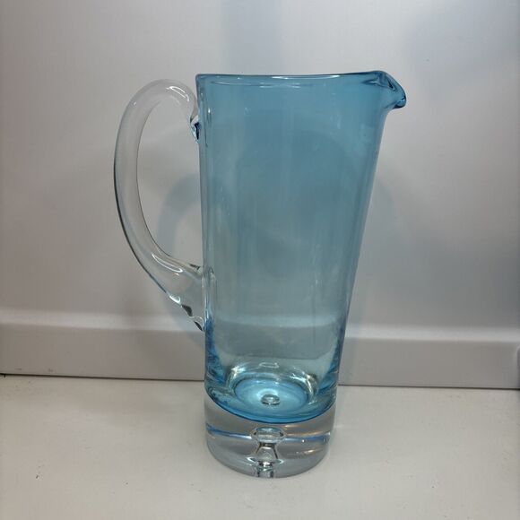 Vintage Krosno Handcrafted Glass Crystal Pitcher / Vase Blue About 9.75” H - Picture 1 of 9